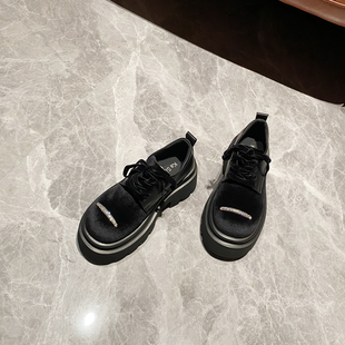 女ins风深口女鞋 网红 系带单鞋 女2024秋新款 金丝绒厚底增高牛津鞋