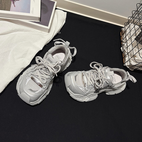 4CM增高~厚底显瘦真皮网布老爹鞋