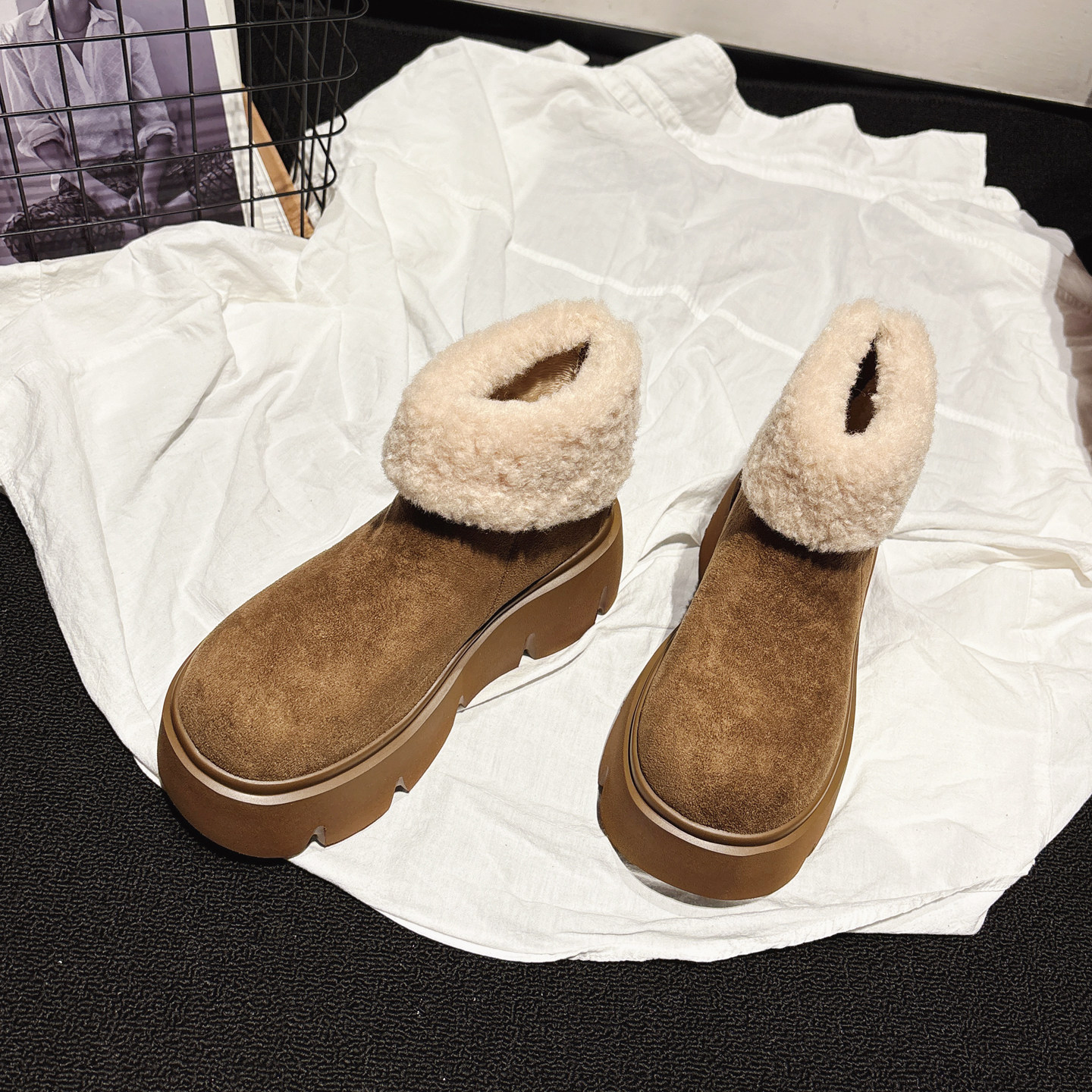 7CM增高~厚底羊羔毛翻边雪地靴