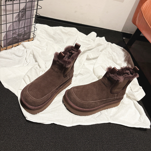 4CM增高 厚底真皮羊毛短筒雪地靴冬加绒切尔西靴配堆堆袜套筒短靴