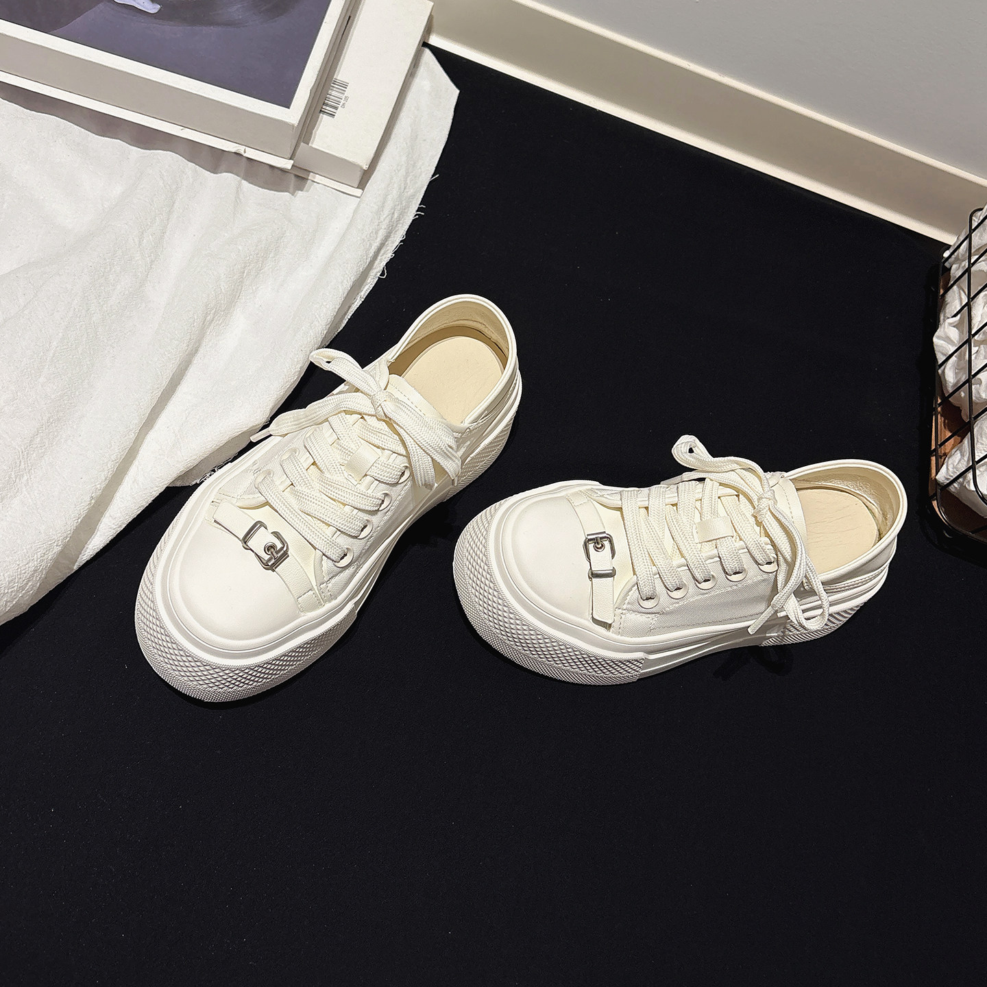 5CM增高~巨轻厚底真皮网布透气小白鞋女皮带扣休闲板鞋甜酷运动鞋