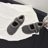 超软平底模式 贴毛呢玛丽珍鞋 女冬款 配堆堆袜 加绒浅口圆头毛毛鞋