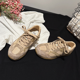 ins跑步鞋 显脚小 港风潮酷运动鞋 女春新款 真皮网布拼接平底德训鞋