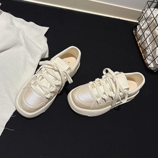 学生女鞋 珍珠色 配堆堆袜运动鞋 春新款 4cm小厚底擦色系带休闲板鞋