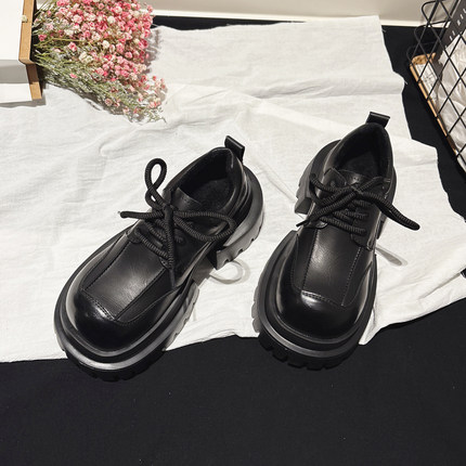 7CM增高~轻便厚底真皮系带大头德比鞋女加绒小皮鞋配堆堆袜牛津鞋