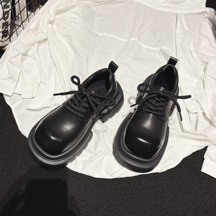 7CM增高~甜酷风轻便厚底大头小皮鞋冬款加绒牛津鞋系带德比鞋女鞋