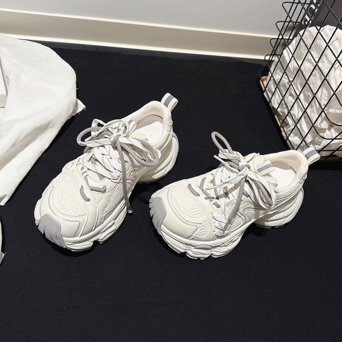 5CM增高~潮酷真皮网布厚底老爹鞋