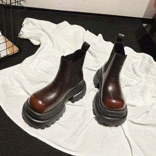 巨轻 短靴ins烟管靴女 擦色真皮厚底增高套筒切尔西靴女2025秋新款