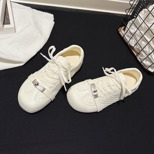 ins德训鞋 小香风 时尚 配裙子休闲鞋 女 内增高格纹锁扣小羊皮小白鞋