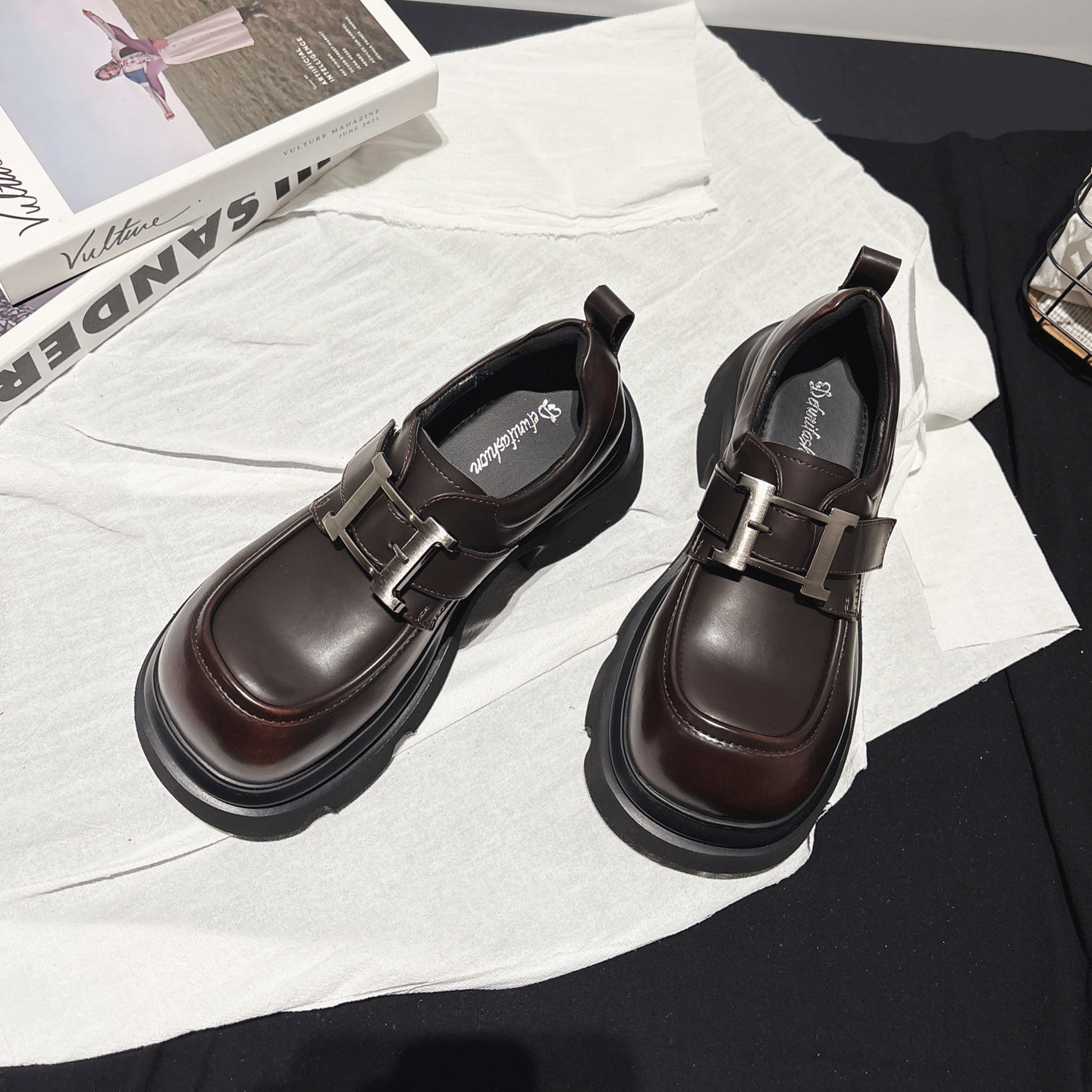 6CM增高~轻便厚底擦色翘头德比鞋