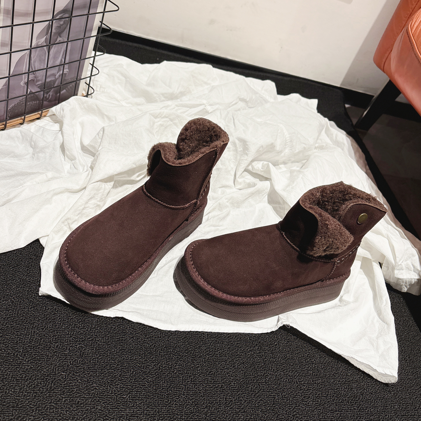 4CM增高~厚底真皮羊羔毛雪地靴女