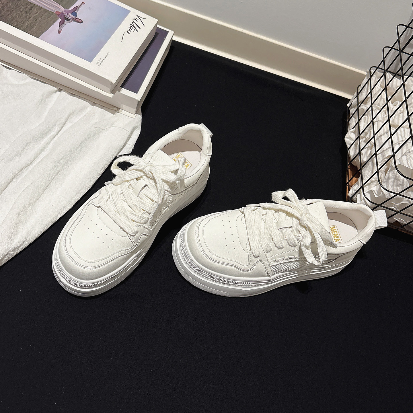 6CM增高~巨轻厚底真皮镂空网布小白鞋女小个子休闲板鞋透气运动鞋