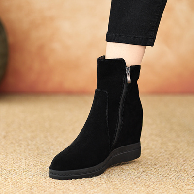 内增高磨砂牛翻皮黑色秋冬短靴女