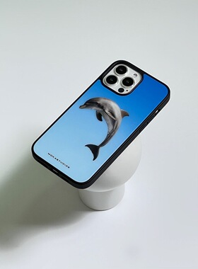 MOKASTUDIOS创意设计手绘幸运海豚适用于苹果16promax全包磨砂黑边手机壳15pro蓝色系小众个性14保护套防摔