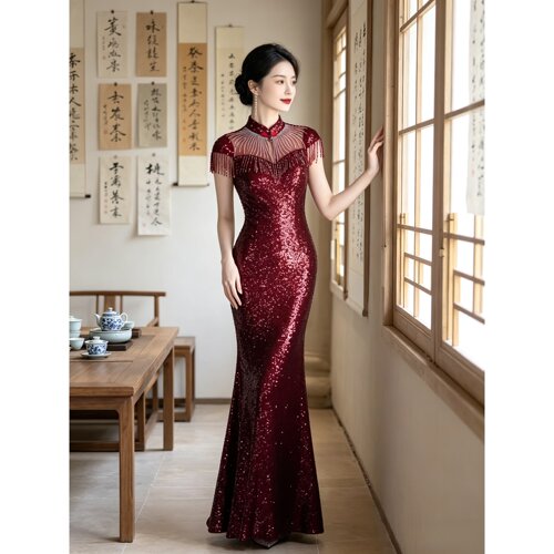 红色亮片晚礼服女高级感气质