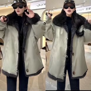 冬日特调时尚 派克服加厚保暖棉衣外套女 宽松通勤风拼接毛领中长款