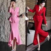 外套包臀鱼尾裙高档职业套装 气质名媛知性优雅风粉色长袖 收腰西装