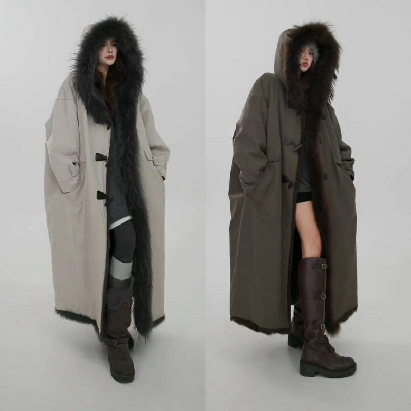 时尚街头欧美风大毛领长款派克服