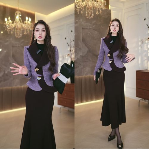 拼色西服领收腰上衣鱼尾裙两件套