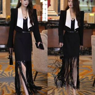 两件套晚礼服潮 小个子西装 春夏高级女神时尚 百搭流苏裙子高级短款