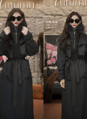 秋冬休闲工装风长款毛领派克服女