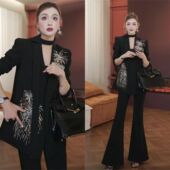 欧洲站网红爆款 气质百搭显瘦春秋套装 西装 重工烟花亮片外套女时尚