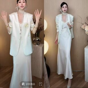 法式缎面西装连衣裙套装女神气质修身晚礼服轻薄职业套裙两件套潮