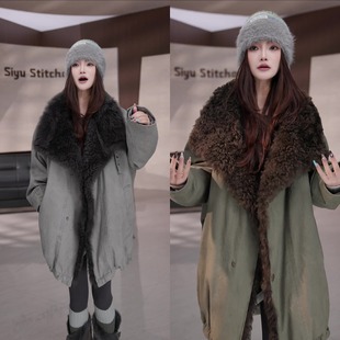 冬季 气质高级宽松大衣派克服纯色潮 上新大翻领保暖毛毛外套设计款