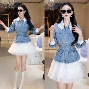 洋气复古蕾丝拼接翻领牛仔外套网纱短裙两件套女夏减龄显瘦套装潮