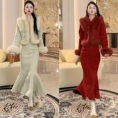 秋冬新款 高级感气质名媛毛呢大衣设计感鱼尾半身裙国风套装 两件套