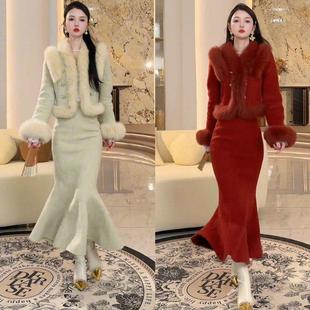 秋冬新款高级感气质名媛毛呢大衣设计感鱼尾半身裙国风套装两件套