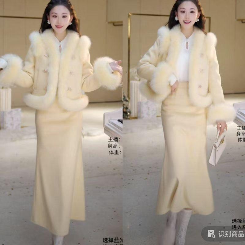 气质名媛爆款法式高级气质保暖毛呢外套半身裙两件套冬季新款套装