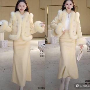 套装 气质名媛爆款 新款 高级气质保暖毛呢外套半身裙两件套冬季 法式