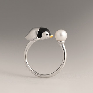 BLUE GLOW设计师原创小企鹅天然淡水珍珠925纯银女可调节开口戒指