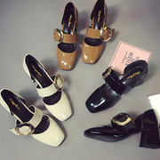 2017春季新款百搭皮带扣方头单鞋韩版漆皮粗跟高跟鞋中跟浅口女鞋