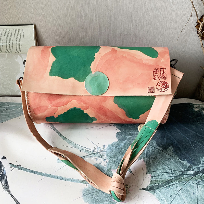 文艺设计师 Fu.DuJuan 单肩包 手工牛皮 水墨国画粉绿 手工圆筒包