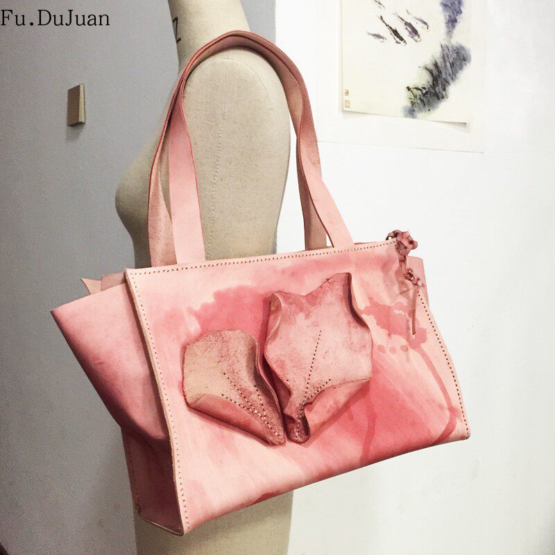 Fu.DuJuan 单肩包 原创 复古水墨粉 手工大容量包 植鞣革手作女包