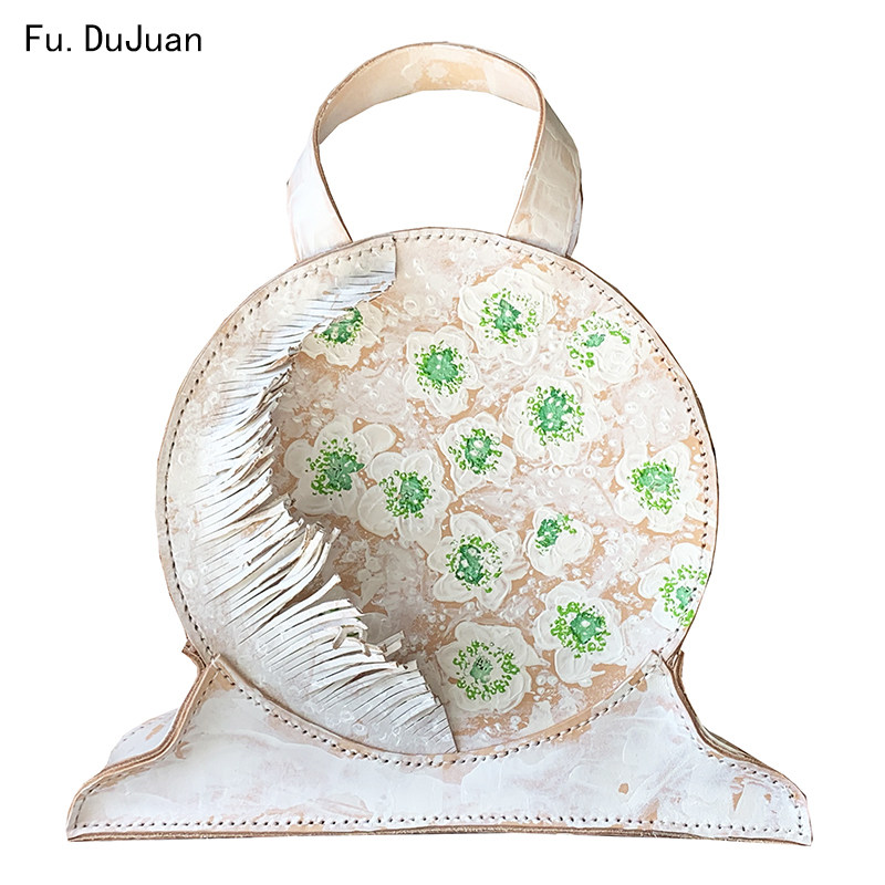 白色静雅 圆形 女包 Fu.DuJuan 手提包 诗意女 手工植鞣革 斜挎包