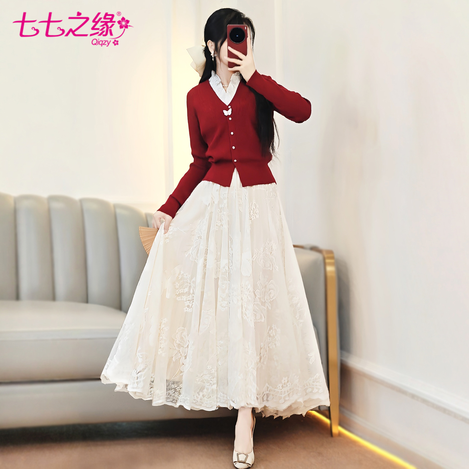 针织上衣半身长裙蕾丝裙两件套