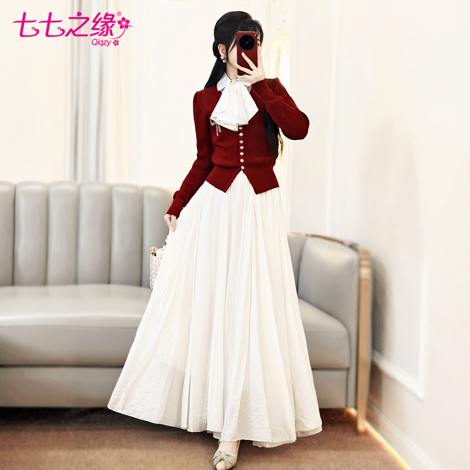 七七之缘2025秋装新款修身显瘦红色针织上衣棉质半身长裙裙两件套