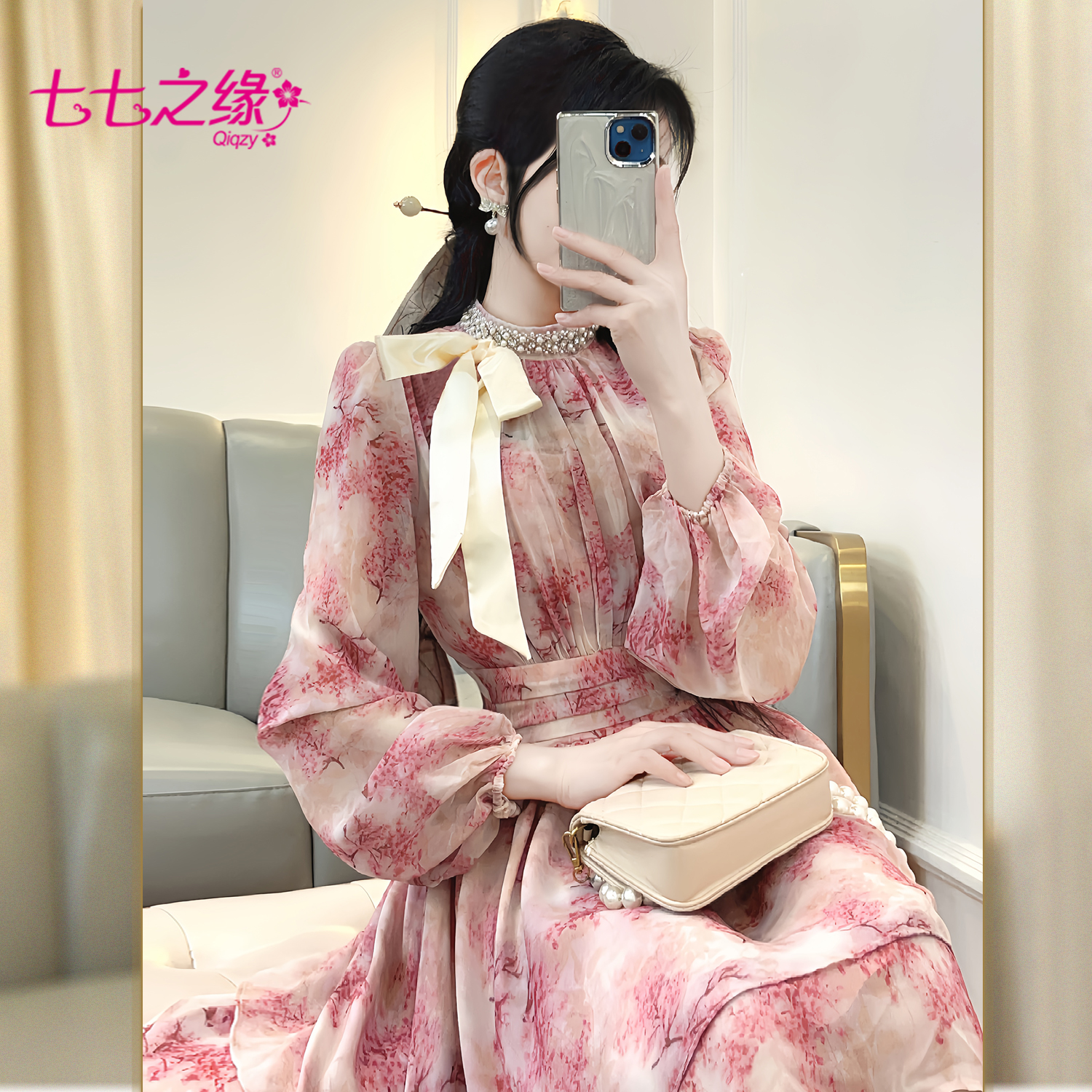 七七之緣205春夏新款收腰連衣裙女溫柔風(fēng)減齡雪紡碎花小個子公主