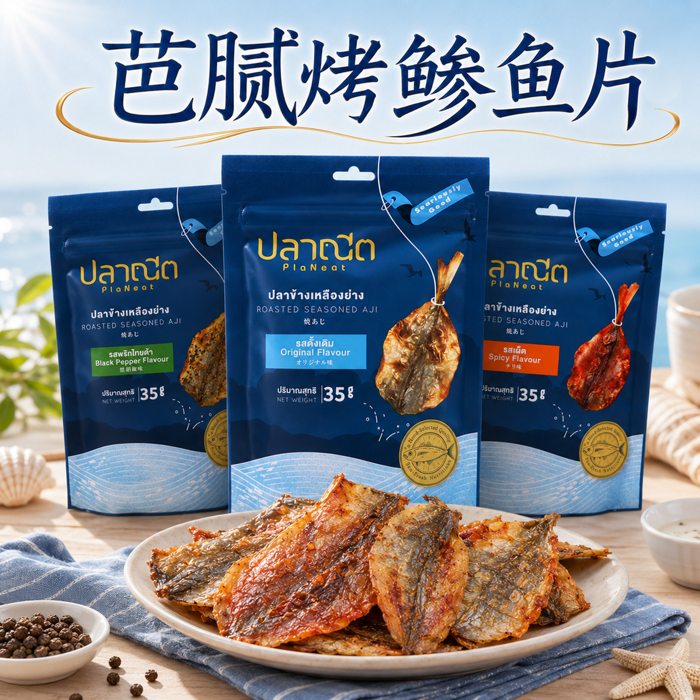 泰国进口PlaNeat芭腻烤鲹鱼片辣味黑胡椒味即食鱼零食下酒菜35g