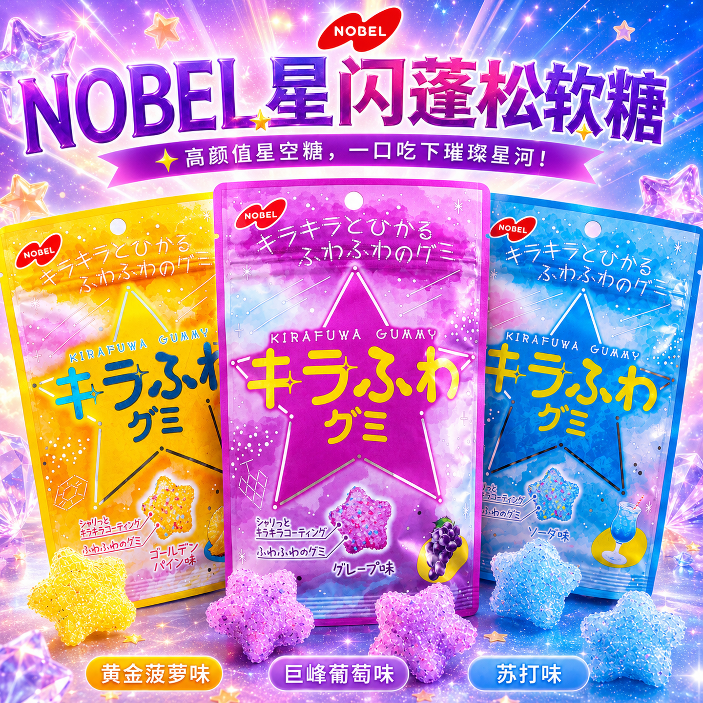 日本进口零食NOBEL诺贝尔星星糖星空菠萝汽水葡萄软糖高颜值礼物