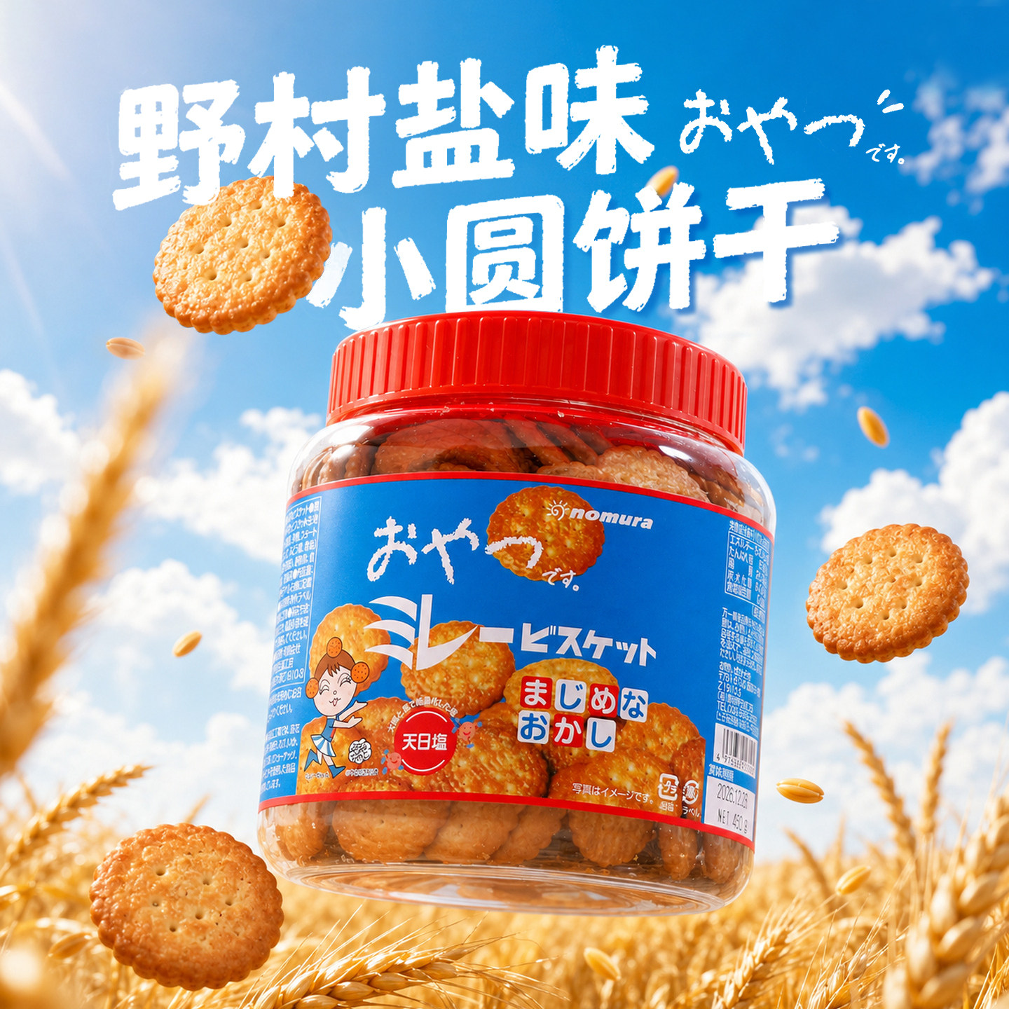 日本进口野村天日盐味小圆饼干香脆解馋休闲小零食罐装桶装450g