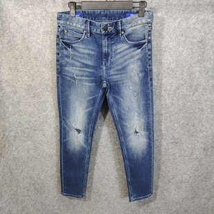 J家2025春装男款秋冬舒适牛仔裤修身长裤潮破洞小脚休闲深色裤子