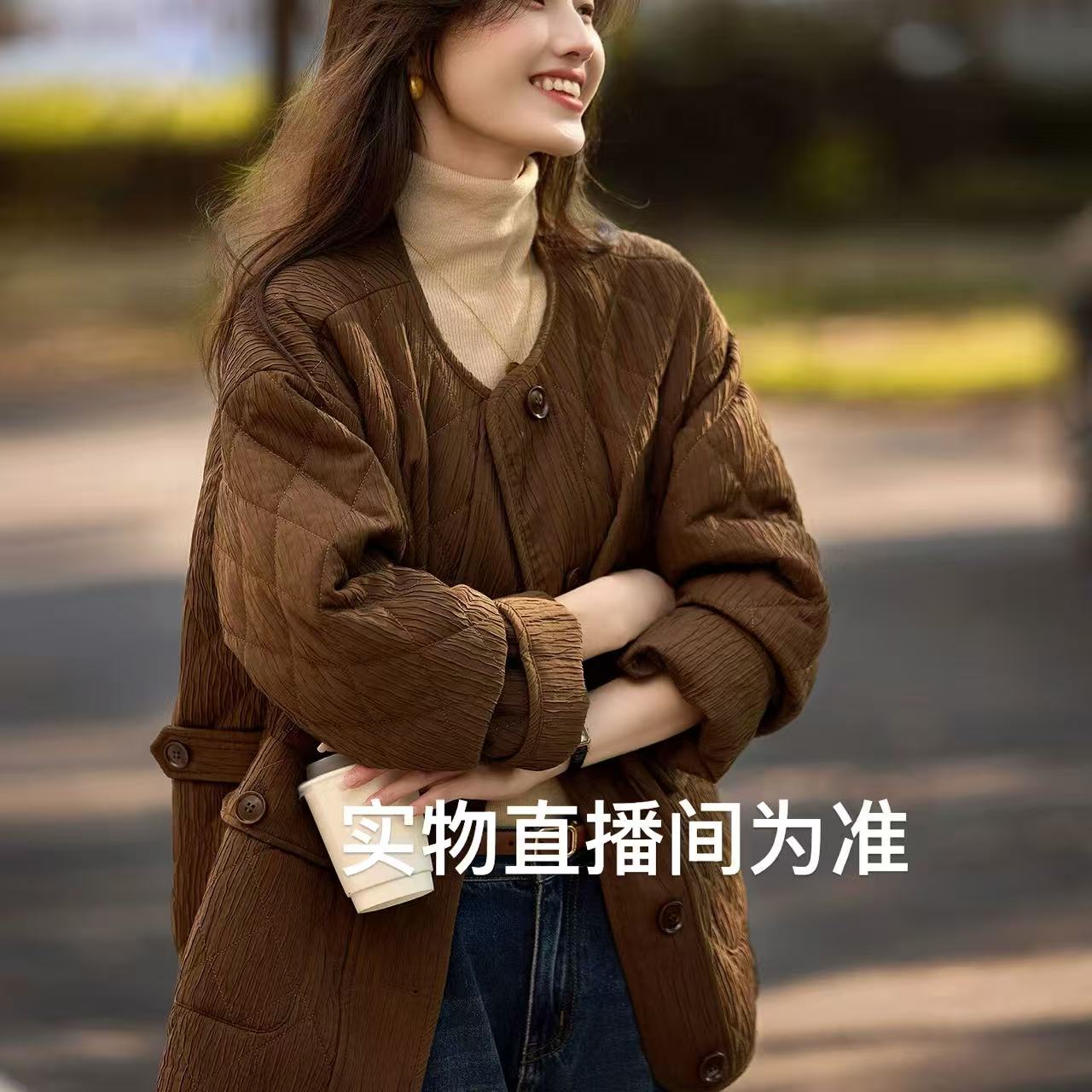 3183/复古菱格纹棉服中长款外套哎-is