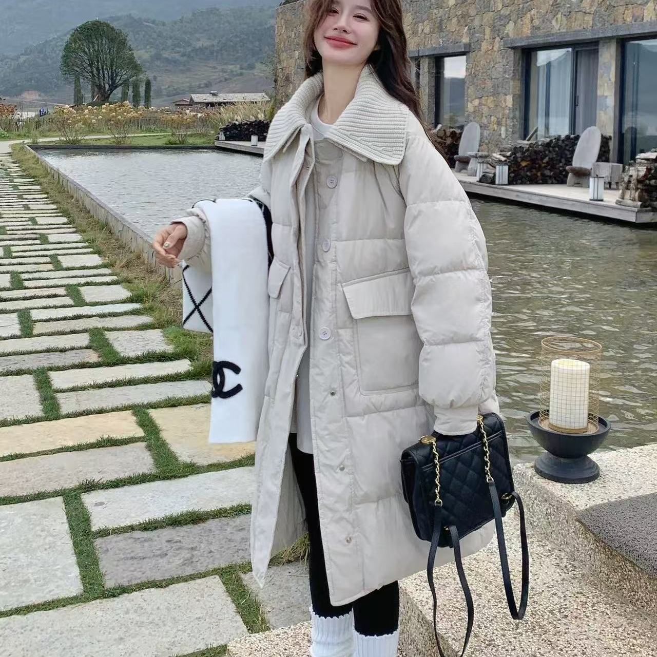 563/针织领蓝色长款羽绒服-is-【少量清仓11.29】