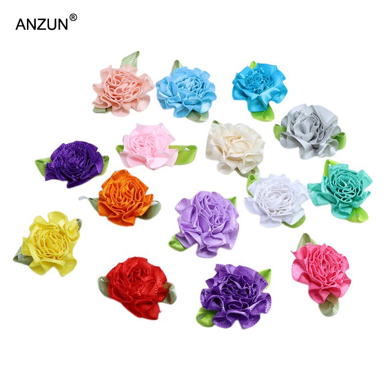 10朵3cmDIY手工缎带带叶褶皱小花朵手工缝制花头饰花环服装饰辅料