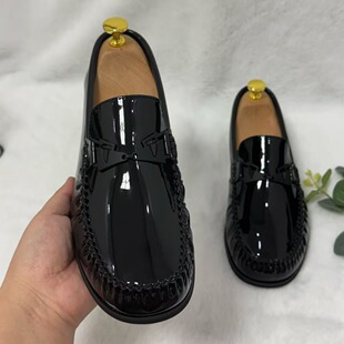 D.99英伦风男士漆皮乐福鞋商务休闲一脚蹬豆豆鞋黑色圆头低帮时尚