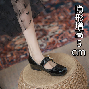 内增高法式玛丽珍鞋2024年新款春款一字带水钻复古方头软底鞋女